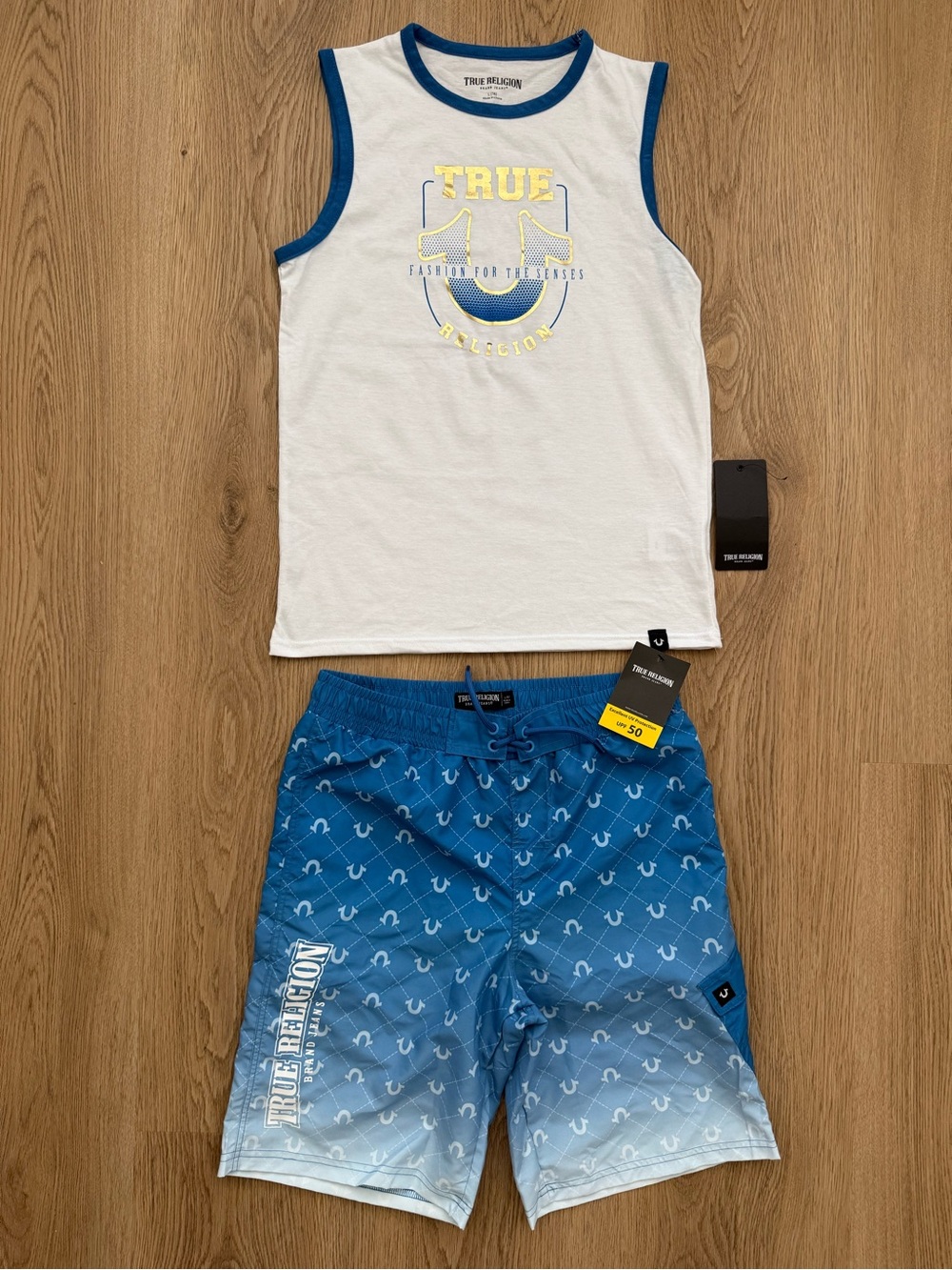 True Religion swim shorts and matching tank top set
